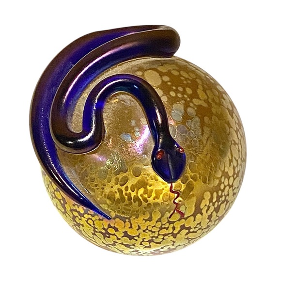 Steven Correia Art Glass Other - STEVEN CORREIA Iridescent Dark Blue/Purple Snake Draped Over Iridescent Gold Orb